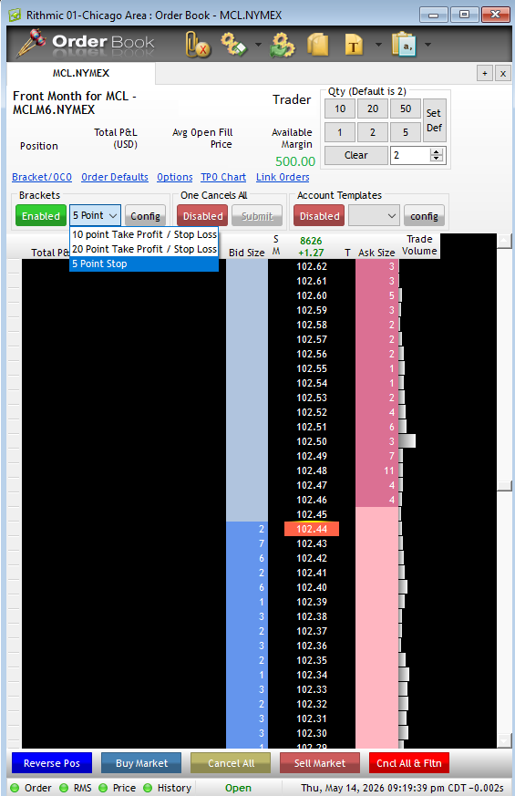 Rithmic Order Book with bracket order templates - select 5 Point, 10 Point Take Profit, or 20 Point templates directly from the DOM