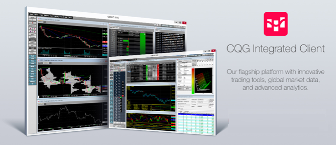 CQG Integrated Client - multi-monitor professional trading layout with charts, DOM, and analytics