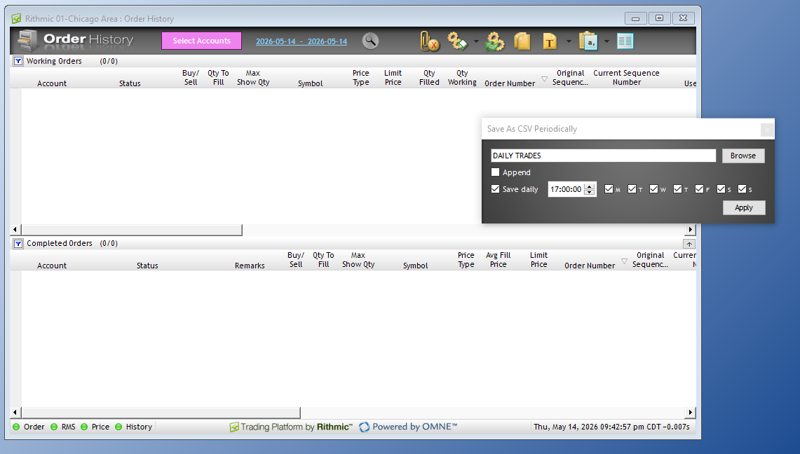 Export Rithmic order history to CSV - schedule daily automatic saves of working and completed orders