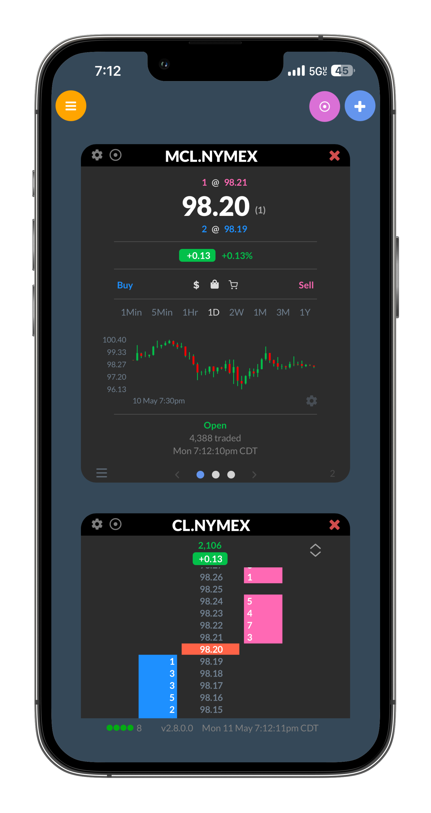 Rithmic Trader Pro mobile app showing chart and quote view for MCL crude oil futures