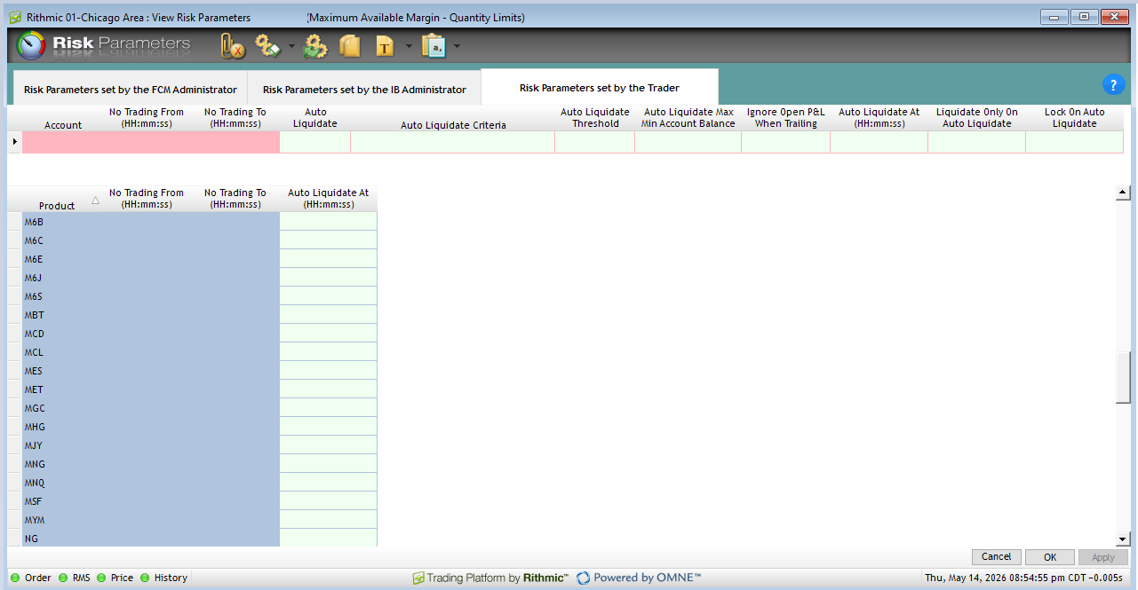 Rithmic Trader Side Risk Parameters - configure No Trading windows, Auto Liquidate thresholds, Min Account Balance, Auto Liquidate At time, and per-product limits
