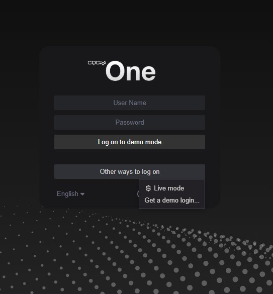 CQG One login screen with demo mode option
