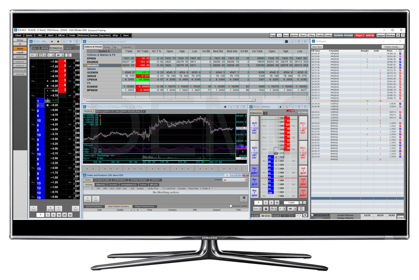 CQG QTrader platform - DOMTrader, Quote Spreadsheet, and order management