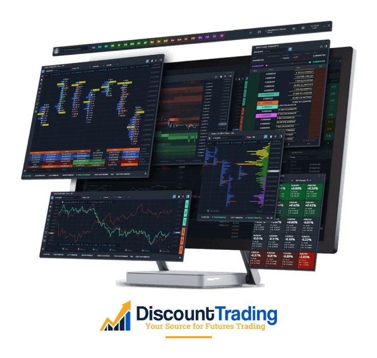 Quantower multi-window workspace with footprint, DOM, and volume profile charts on one monitor at Discount Trading