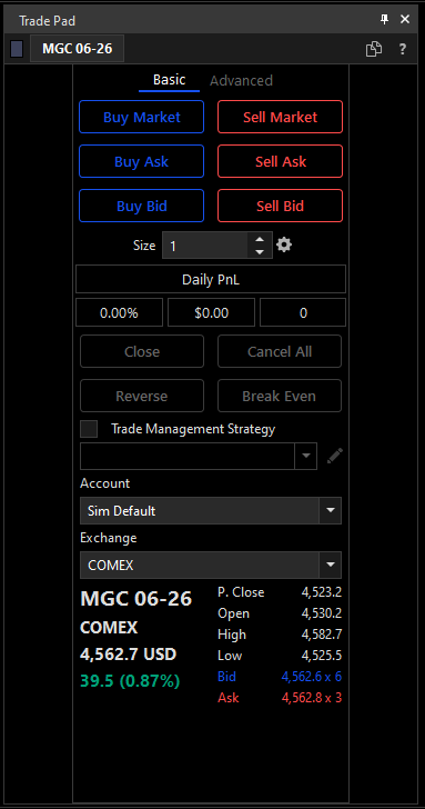 TickBlaze Trade Pad order entry panel